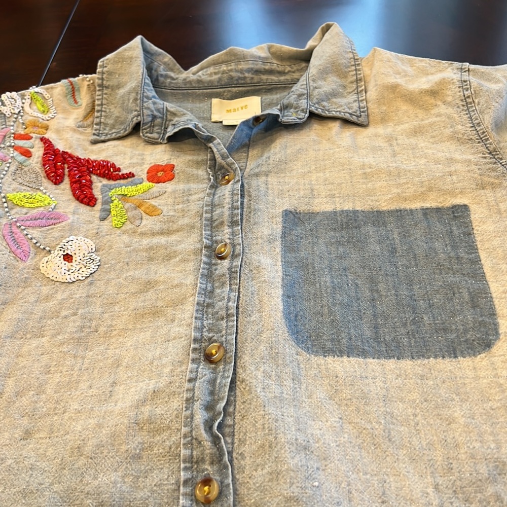 Maeve Light Blue Chambray Button-Down Shirt with Multicolor Embroidery - Picture 11 of 13